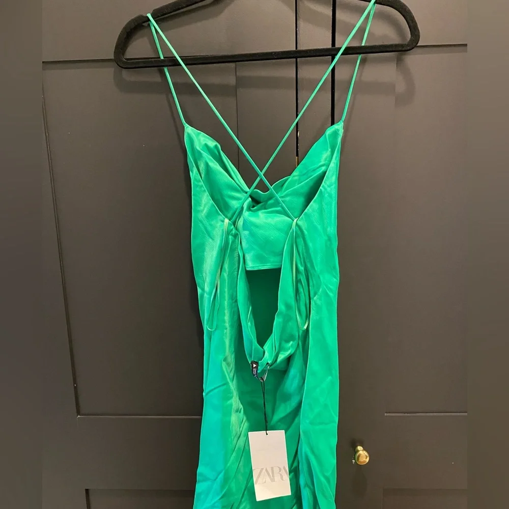 Zara Short Satin Effect Dress Green - Picture 12 of 14